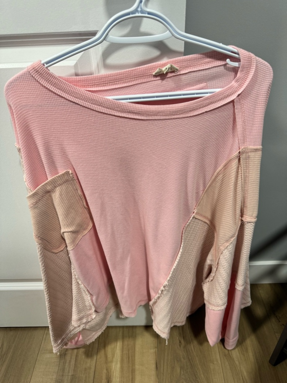 POL Pink Tonal Patchwork Waffle-Knit Long Sleeve Top